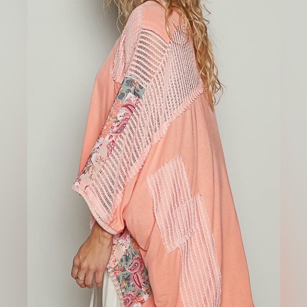 NEW POL Coral Orange Oversized Bohemian Lace Patchwork High Low Top Size Small - Picture 2 of 4